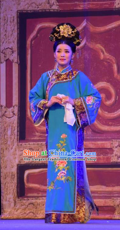 Chinese Jin Opera Qing Dynasty Woman Garment Costumes and Headdress Da Hu Ji Traditional Shanxi Opera Young Female Apparels Blue Dress