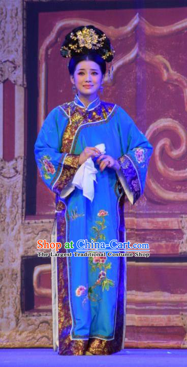 Chinese Jin Opera Qing Dynasty Woman Garment Costumes and Headdress Da Hu Ji Traditional Shanxi Opera Young Female Apparels Blue Dress
