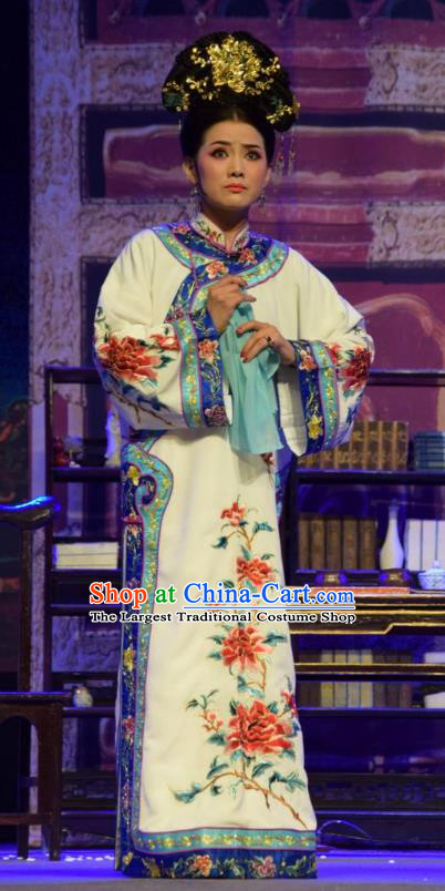 Chinese Jin Opera Hua Tan Garment Costumes and Headdress Da Hu Ji Traditional Shanxi Opera Young Female Apparels Qing Dynasty Woman White Dress