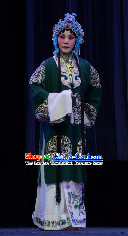 Chinese Jin Opera Young Mistress Garment Costumes and Headdress Mu Guiying Command Traditional Shanxi Opera Actress Apparels Diva Green Dress