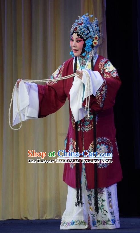 Chinese Jin Opera Diva Garment Costumes and Headdress Mu Guiying Command Traditional Shanxi Opera Actress Apparels Young Mistress Red Dress