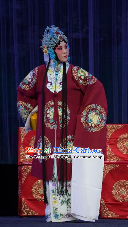 Chinese Jin Opera Diva Garment Costumes and Headdress Mu Guiying Command Traditional Shanxi Opera Actress Apparels Young Mistress Red Dress