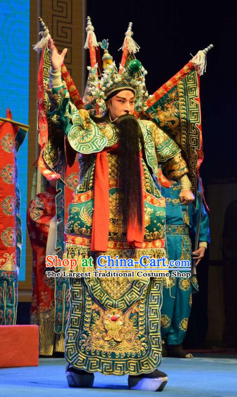 The Butterfly Chalice Chinese Shanxi Opera Commander Apparels Costumes and Headpieces Traditional Jin Opera General Garment Green Kao Clothing with Flags