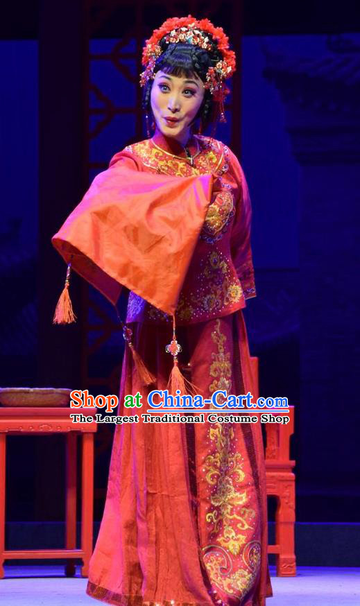 Chinese Jin Opera Young Female Garment Costumes and Headdress The Legend of Jin E Traditional Shanxi Opera Hua Tan Apparels Bride Cao Yanan Dress