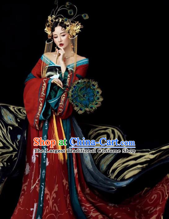 Chinese Historical Drama Ancient Fairy Princess Red Dress Traditional Hanfu Apparels Tang Dynasty Imperial Consort Replica Costumes and Headdress