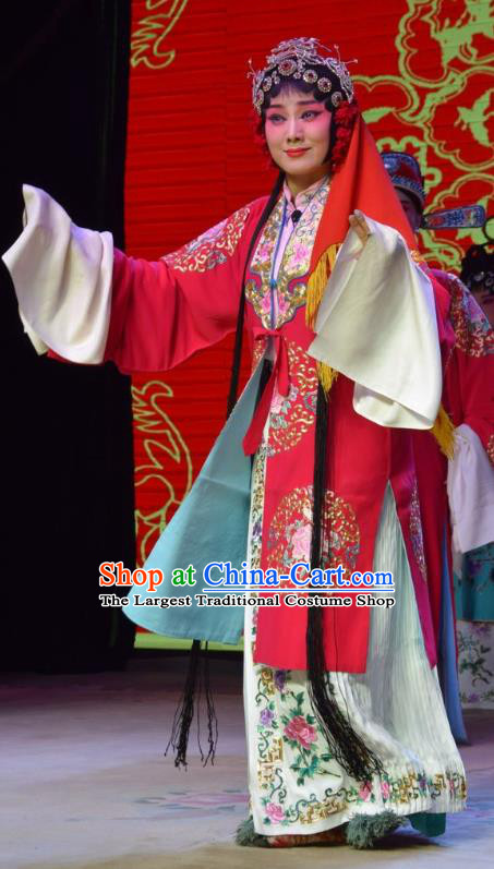 Chinese Jin Opera Diva Qiu Liyu Garment Costumes and Headdress Legend of Leper Traditional Shanxi Opera Hua Tan Apparels Actress Red Dress