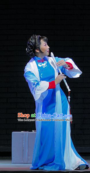 Chinese Jin Opera Hua Tan Song Lian Garment Costumes and Headdress Red Lantern Traditional Shanxi Opera Young Female Apparels Diva Blue Dress