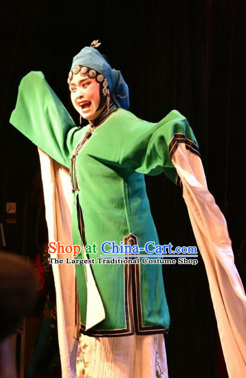 Chinese Jin Opera Young Mistress Garment Costumes and Headdress Shi Zi Jing Feng Traditional Shanxi Opera Hua Tan Apparels Actress Green Dress