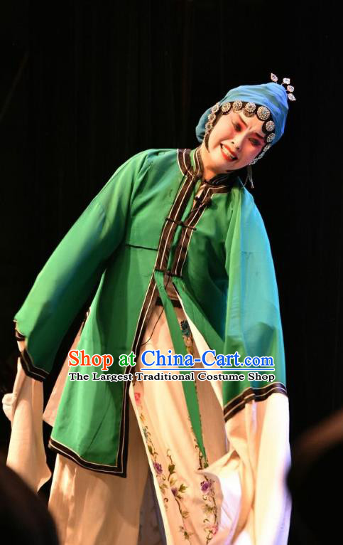 Chinese Jin Opera Young Mistress Garment Costumes and Headdress Shi Zi Jing Feng Traditional Shanxi Opera Hua Tan Apparels Actress Green Dress