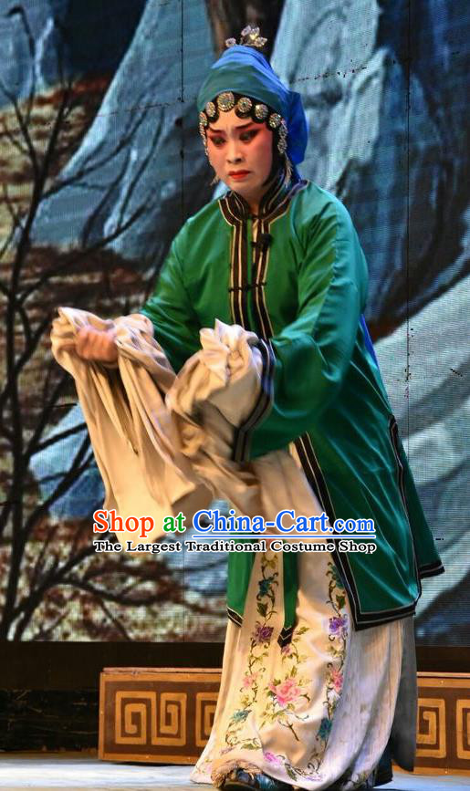 Chinese Jin Opera Young Mistress Garment Costumes and Headdress Shi Zi Jing Feng Traditional Shanxi Opera Hua Tan Apparels Actress Green Dress