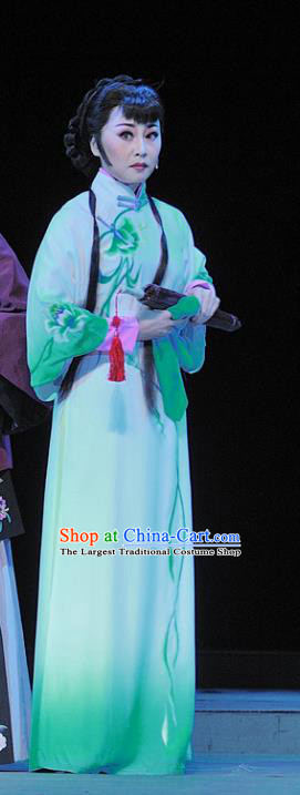 Chinese Jin Opera Diva Song Lian Garment Costumes and Headdress Red Lantern Traditional Shanxi Opera Actress Apparels Young Female Green Dress