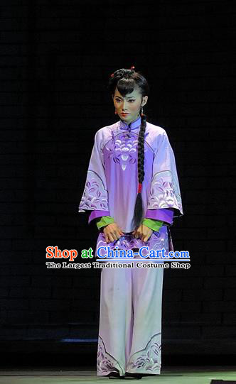 Chinese Jin Opera Xiaodan Garment Costumes and Headdress Red Lantern Traditional Shanxi Opera Servant Girl Apparels Maid Lady Purple Dress