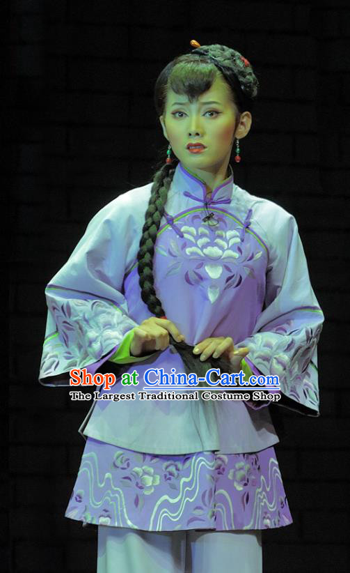 Chinese Jin Opera Xiaodan Garment Costumes and Headdress Red Lantern Traditional Shanxi Opera Servant Girl Apparels Maid Lady Purple Dress