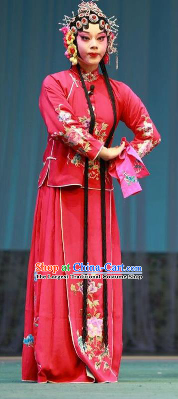 Chinese Shandong Opera Young Female Garment Costumes and Headdress Story About A Wall Traditional Lu Opera Actress Apparels Rosy Dress