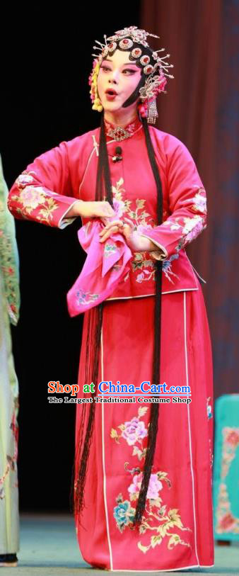 Chinese Shandong Opera Young Female Garment Costumes and Headdress Story About A Wall Traditional Lu Opera Actress Apparels Rosy Dress