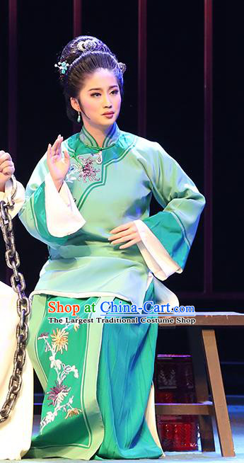 Chinese Shandong Opera Actress Garment Costumes and Headdress You Bai Chuan Traditional Lu Opera Young Female Apparels Madam Green Dress