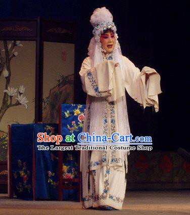 Chinese Henan Opera Distress Maiden Garment Costumes and Headdress The Romance of Hairpin Traditional Qu Opera Hua Tan Apparels Diva Qian Yulian White Dress