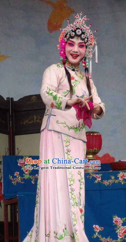 Chinese Henan Opera Hua Tan Gao Qiufang Garment Costumes and Headdress Feng Xue Pei Traditional Qu Opera Rich Lady Apparels Diva Pink Dress