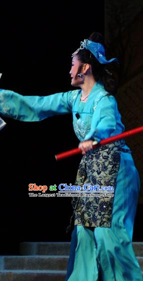 Chinese Shandong Opera Country Woman Garment Costumes and Headdress Hua Long Dian Jing Traditional Lu Opera Young Female Apparels Actress Si Niang Blue Dress