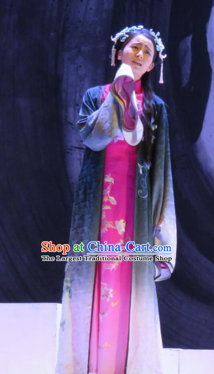 Chinese Henan Opera Young Female Garment Costumes and Headdress Huang Ye Hong Lou Traditional Qu Opera Mistress Apparels Distress Woman Li Wan Dress