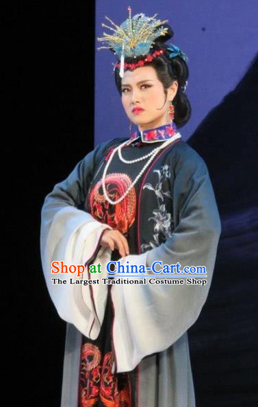 Chinese Henan Opera Young Female Wang Xifeng Garment Costumes and Headdress Huang Ye Hong Lou Traditional Qu Opera Mistress Apparels Rich Woman Dress
