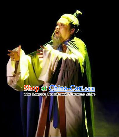 Chang Bai Han Ru Chinese Lu Opera Elderly Male Apparels Costumes and Headpieces Traditional Shandong Opera Laosheng Garment Old Scholar Zhu Wenhan Clothing