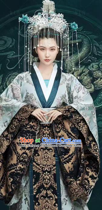 Chinese Drama Ancient Royal Queen Dress Traditional Hanfu Apparels Qin Dynasty Imperial Empress Historical Costumes and Headwear Complete Set
