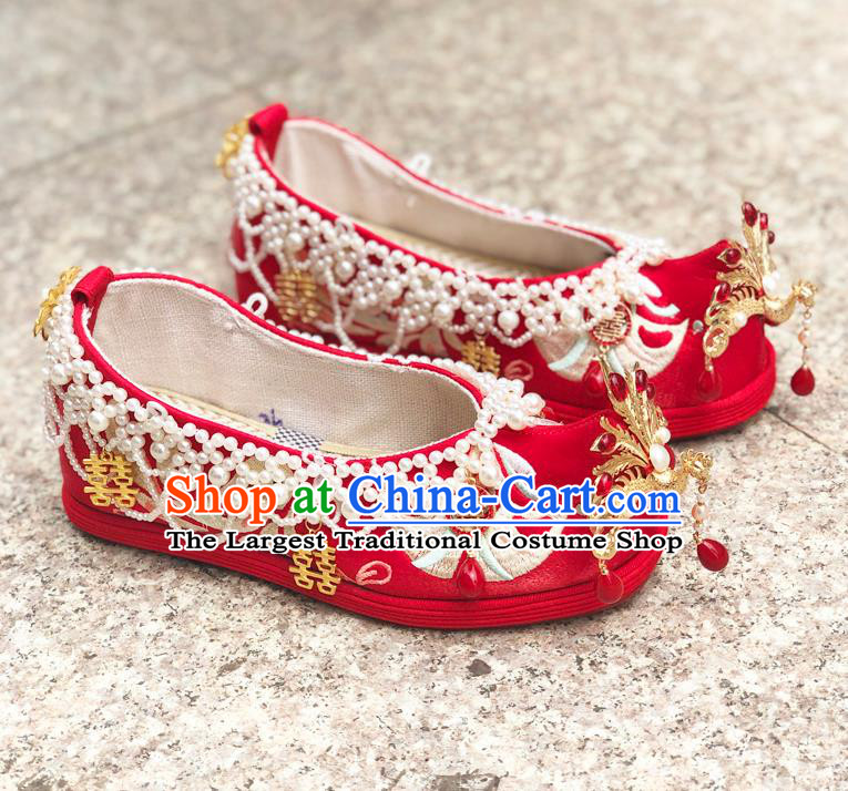 Chinese Traditional Wedding Red Embroidered Shoes Cloth Shoes Hanfu Shoes Ancient Princess Pearls Bow Shoes for Women