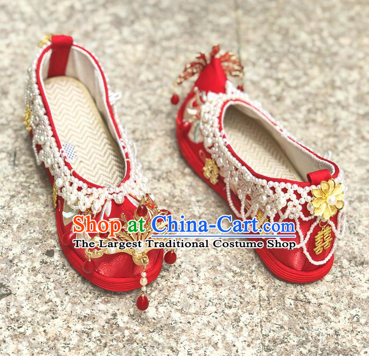 Chinese Traditional Wedding Red Embroidered Shoes Cloth Shoes Hanfu Shoes Ancient Princess Pearls Bow Shoes for Women