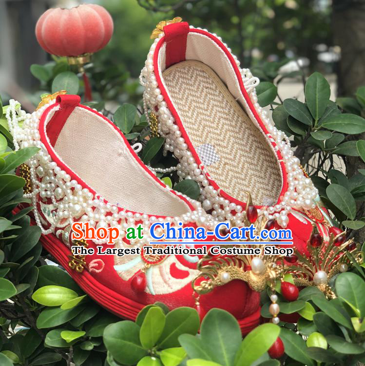 Chinese Traditional Wedding Red Embroidered Shoes Cloth Shoes Hanfu Shoes Ancient Princess Pearls Bow Shoes for Women