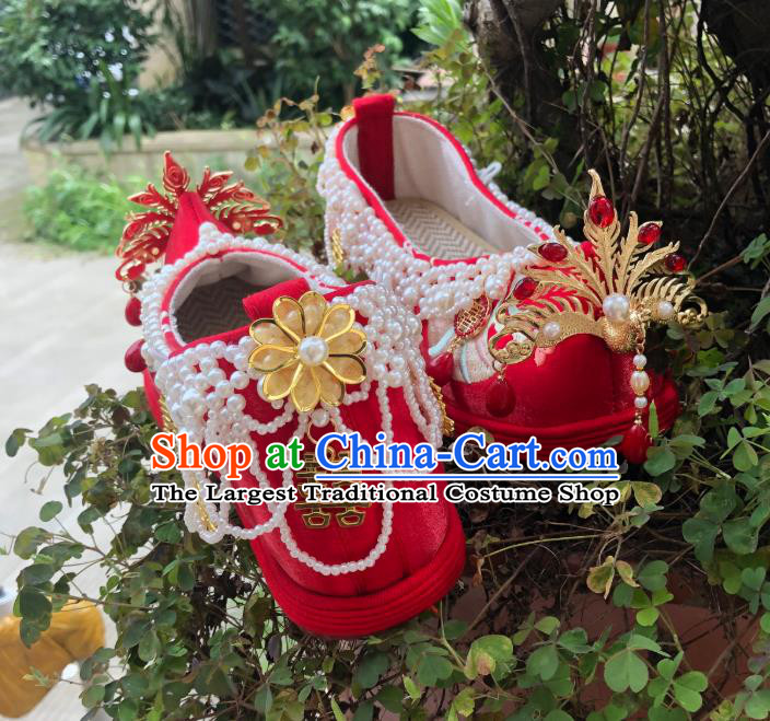 Chinese Traditional Wedding Red Embroidered Shoes Cloth Shoes Hanfu Shoes Ancient Princess Pearls Bow Shoes for Women