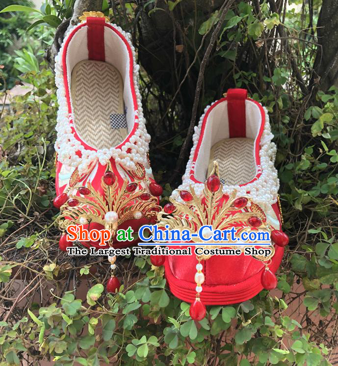 Chinese Traditional Wedding Red Embroidered Shoes Cloth Shoes Hanfu Shoes Ancient Princess Pearls Bow Shoes for Women