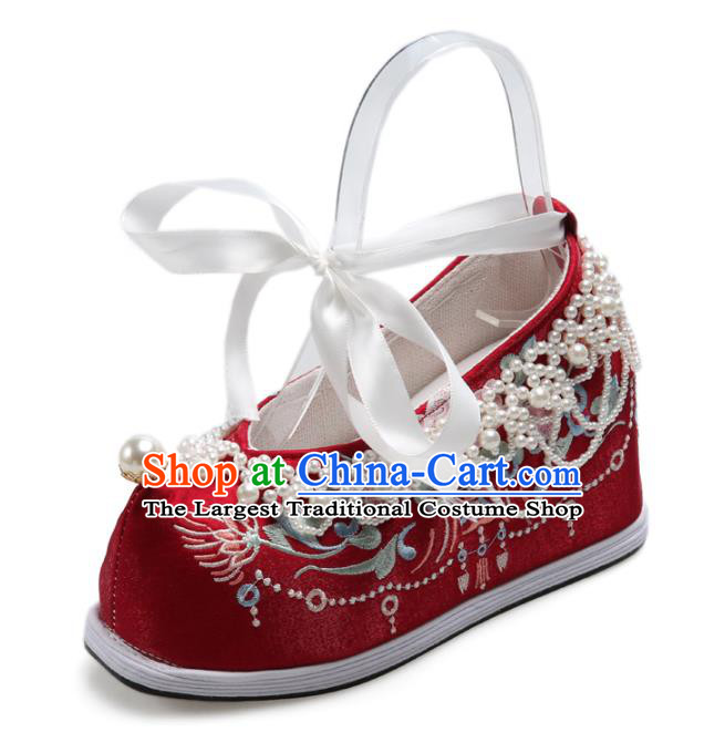 Chinese Traditional Wedding Embroidered Platform Shoes Red Cloth Shoes Hanfu Shoes Ancient Bride Pearls Shoes for Women