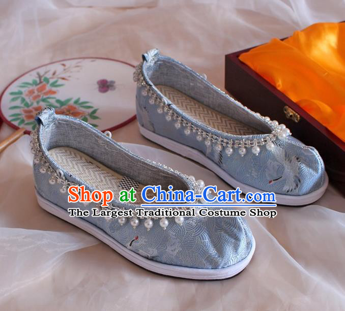 Chinese Handmade Light Blue Satin Shoes Traditional Pearls Hanfu Shoes Women Embroidered Shoes Ancient Princess Wedding Shoes