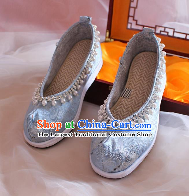Chinese Handmade Light Blue Satin Shoes Traditional Pearls Hanfu Shoes Women Embroidered Shoes Ancient Princess Wedding Shoes