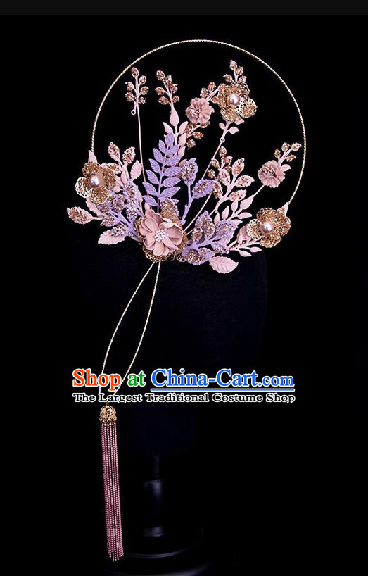 Chinese Handmade Bride Prop Traditional Flowers Hanfu Fan Ancient Wedding Round Fan Purple Leaf Palace Fan