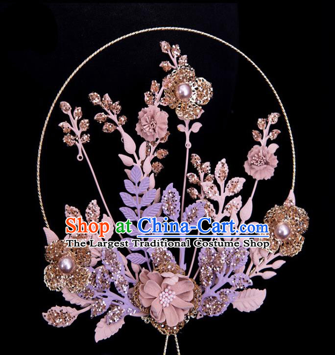 Chinese Handmade Bride Prop Traditional Flowers Hanfu Fan Ancient Wedding Round Fan Purple Leaf Palace Fan