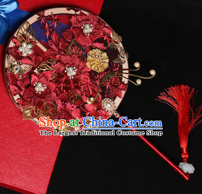 Chinese Handmade Bride Prop Traditional Hanfu Fan Ancient Wedding Round Fan Red Embroidered Palace Fan
