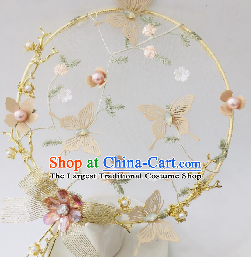 Chinese Ancient Wedding Bowknot Round Fan Palace Fan Handmade Bride Prop Traditional Golden Butterfly Hanfu Fan