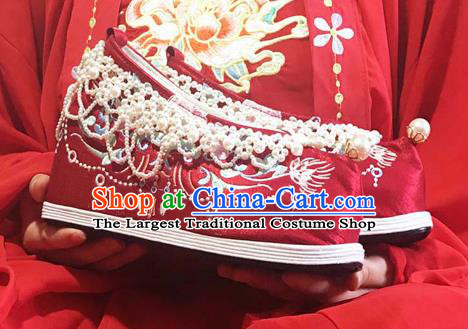 Chinese Traditional Wedding Embroidered Platform Shoes Red Cloth Shoes Hanfu Shoes Ancient Bride Pearls Shoes for Women