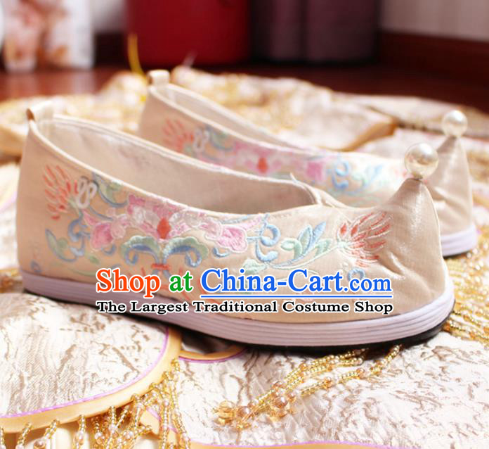 Chinese Traditional Embroidered Shoes Handmade Cloth Shoes Hanfu Shoes Ancient Princess Pearls Become Warped Head Shoes for Women