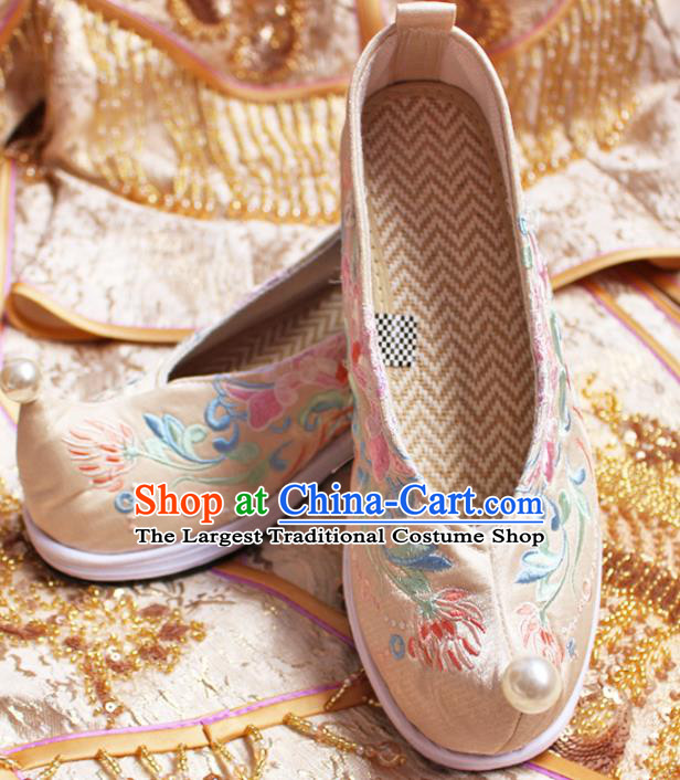 Chinese Traditional Embroidered Shoes Handmade Cloth Shoes Hanfu Shoes Ancient Princess Pearls Become Warped Head Shoes for Women