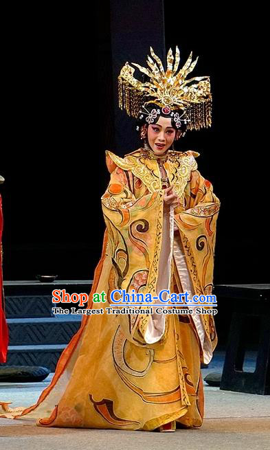 Chinese Han Opera Empress Garment Costumes and Headdress You Meng Yi Guan Traditional Hubei Hanchu Opera Hua Tan Apparels Queen Fan Ji Dress