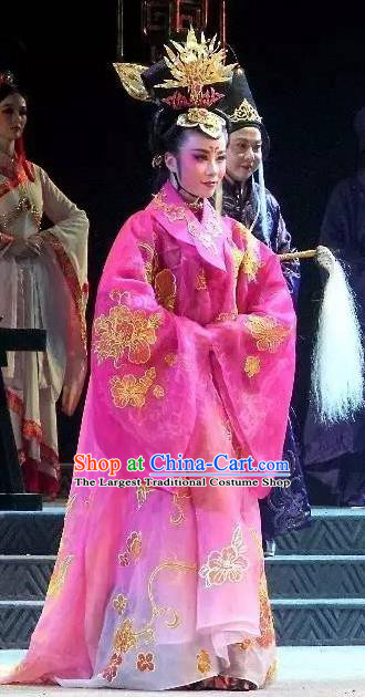Chinese Han Opera Imperial Consort Garment Costumes and Headdress You Meng Yi Guan Traditional Hubei Hanchu Opera Hua Tan Apparels Court Lady Pink Dress
