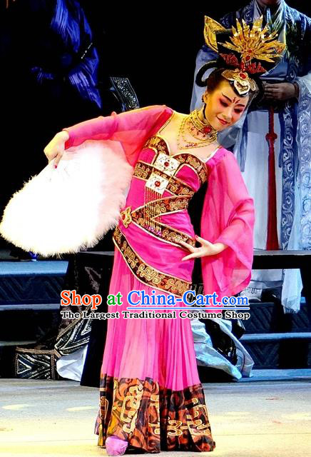 Chinese Han Opera Actress Garment Costumes and Headdress You Meng Yi Guan Traditional Hubei Hanchu Opera Hua Tan Apparels Dance Lady Rosy Dress