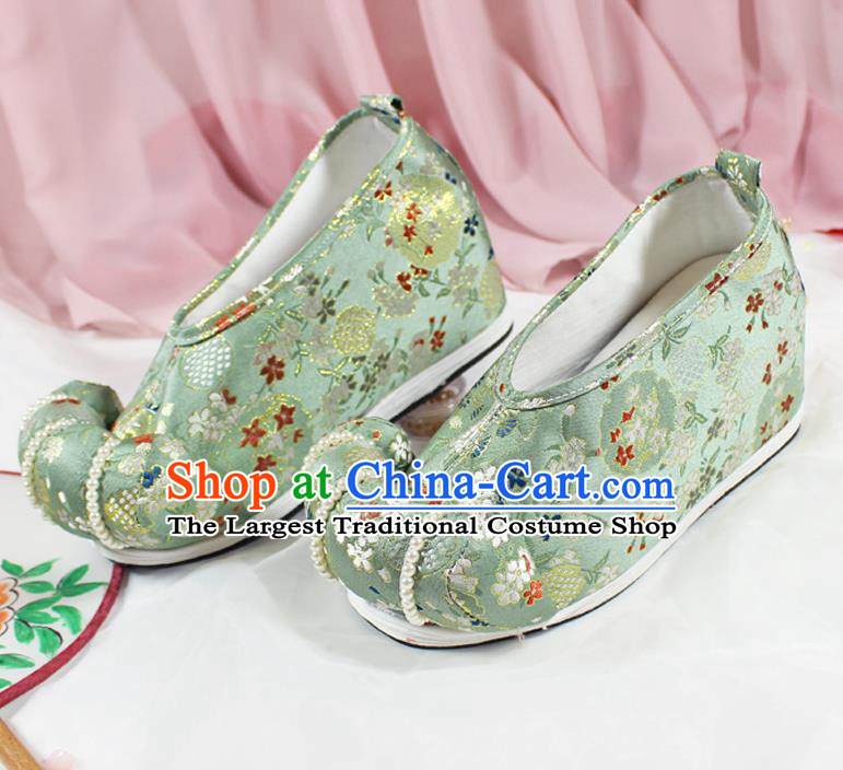 Chinese Traditional Handmade Green Satin Shoes Women Hanfu Shoes Ancient Princess Pearls Shoes Embroidered Shoes