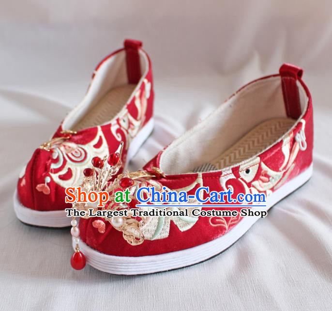 Chinese Traditional Handmade Wedding Red Satin Shoes Women Hanfu Shoes Ancient Princess Phoenix Head Shoes Embroidered Shoes