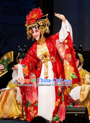 Chinese Han Opera Imperial Concubine Garment Ni Chang Chang Ge Costumes and Headdress Traditional Hubei Hanchu Opera Hua Tan Apparels Diva Yang Yuhuan Red Dress