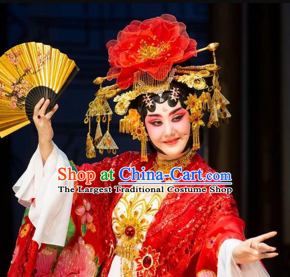 Chinese Han Opera Imperial Concubine Garment Ni Chang Chang Ge Costumes and Headdress Traditional Hubei Hanchu Opera Hua Tan Apparels Diva Yang Yuhuan Red Dress