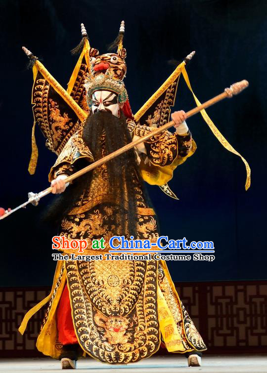 Chinese Hubei Hanchu Opera General Apparels Costumes and Headpieces Traditional Han Opera Jing Garment Tian Ying Kao Clothing with Flags